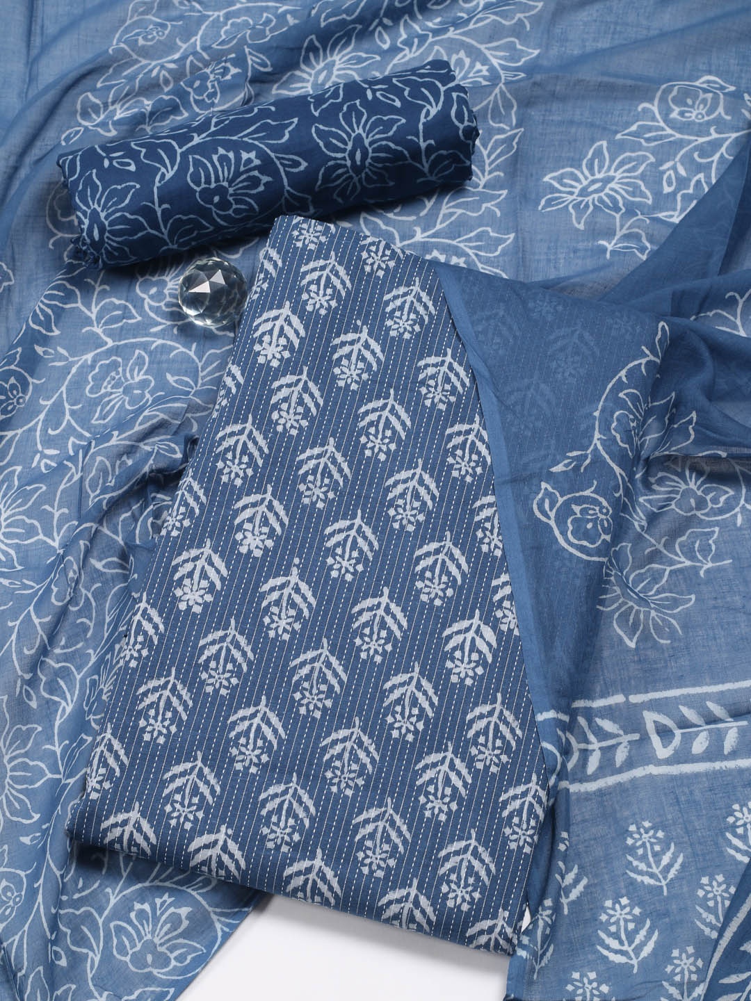 

Meena Bazaar Ethnic Motifs Printed Unstitched Dress Material, Blue