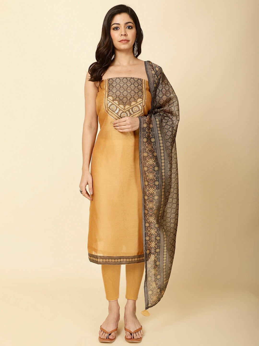 

Meena Bazaar Printed Art Silk Unstitched Dress Material, Mustard