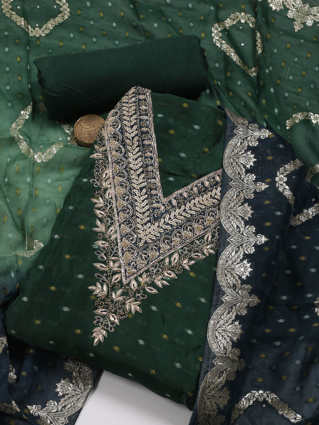 

Meena Bazaar Ethnic Motifs Embroidered Unstitched Dress Material, Green