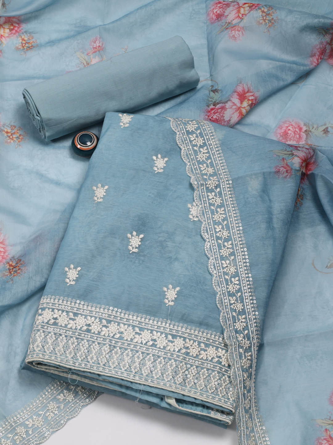 

Meena Bazaar Floral Embroidered Art Silk Unstitched Dress Material, Blue