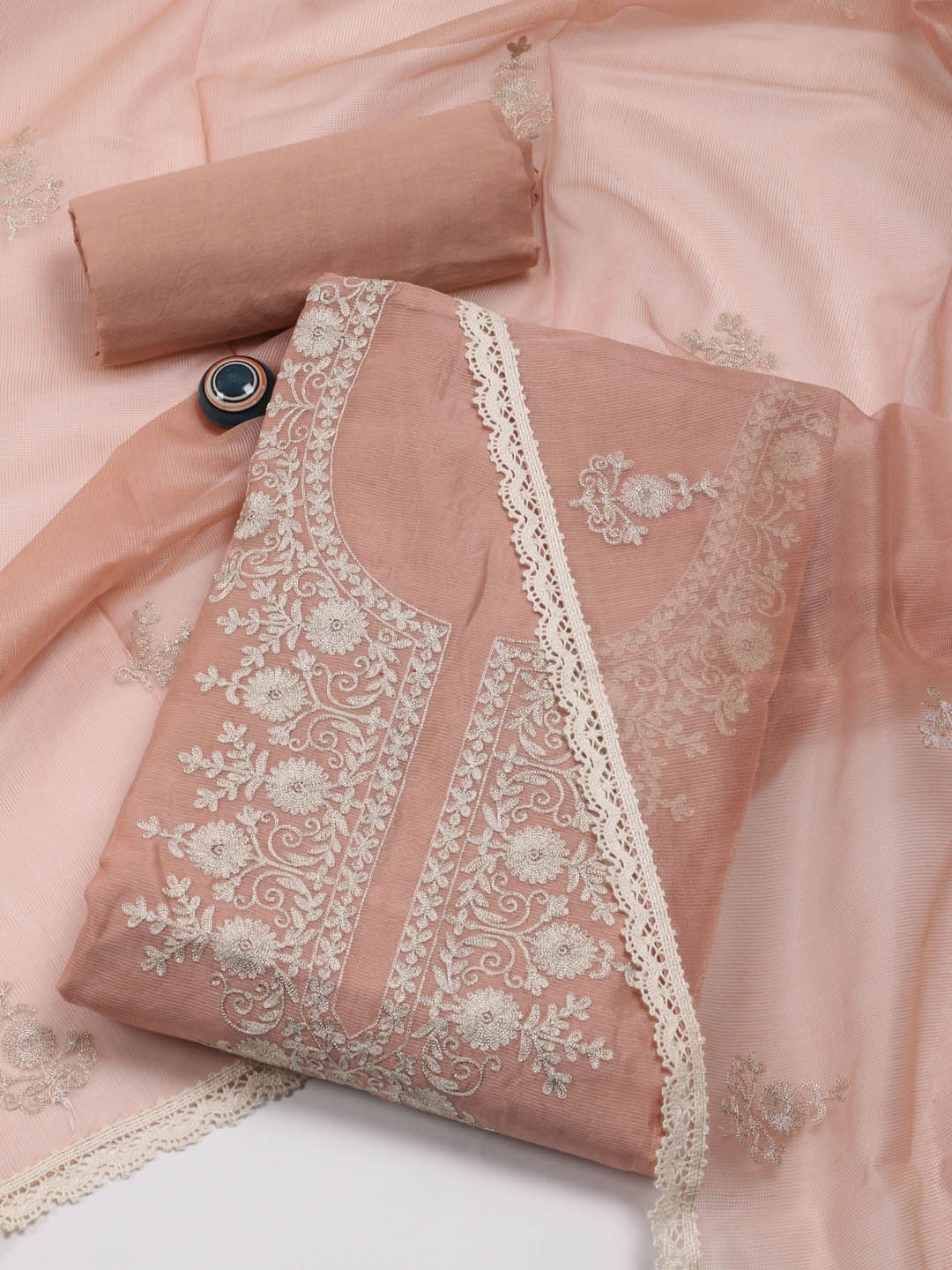 

Meena Bazaar Floral Embroidered Unstitched Dress Material, Peach