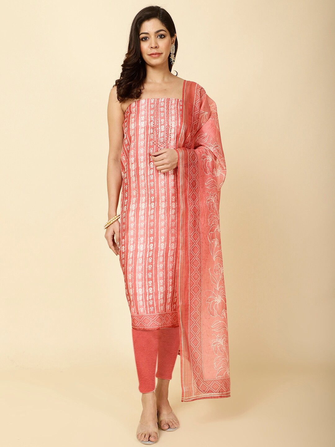 

Meena Bazaar Floral Printed Unstitched Dress Material, Peach