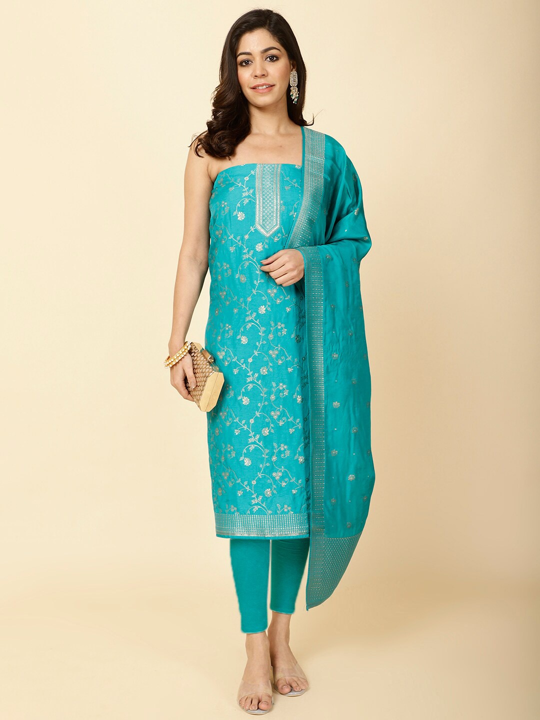 

Meena Bazaar Ethnic Motifs Woven Design Art Silk Unstitched Dress Material, Sea green