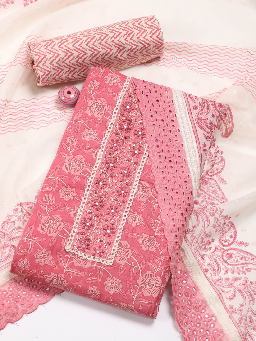 

Meena Bazaar Ethnic Motifs Printed Mirror Work Unstitched Dress Material, Pink