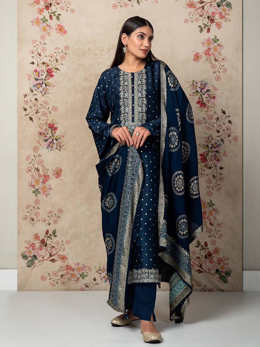 

Meena Bazaar Unstitched Dress Material, Navy blue