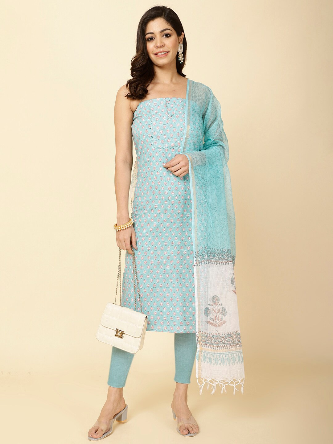 

Meena Bazaar Floral Printed Unstitched Dress Material, Sea green