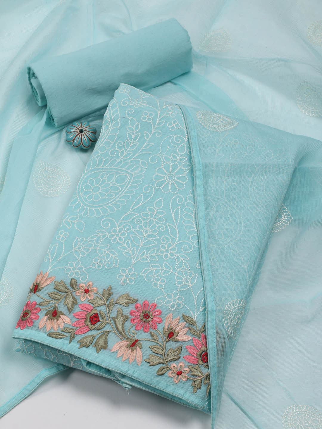 

Meena Bazaar Floral Embroidered Unstitched Dress Material, Blue