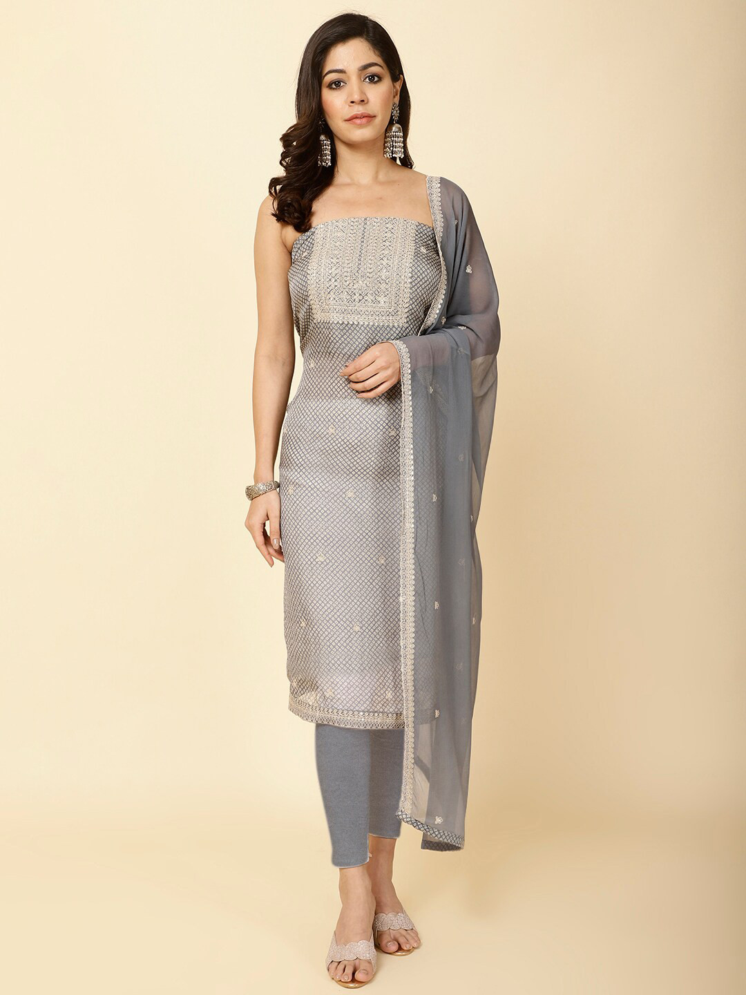

Meena Bazaar Printed Organza Unstitched Dress Material, Grey