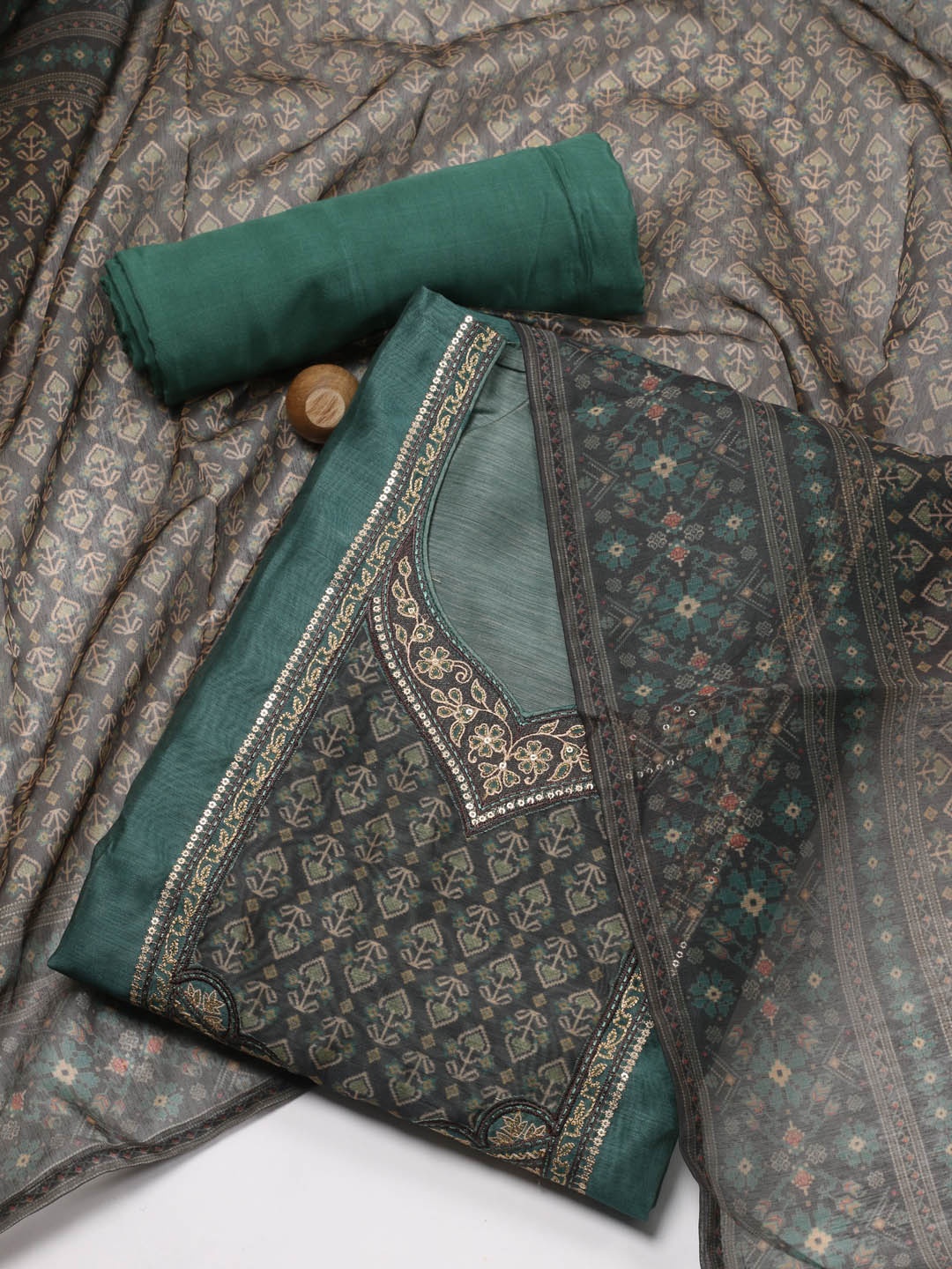 

Meena Bazaar Ethnic Motifs Printed Art Silk Unstitched Dress Material, Green