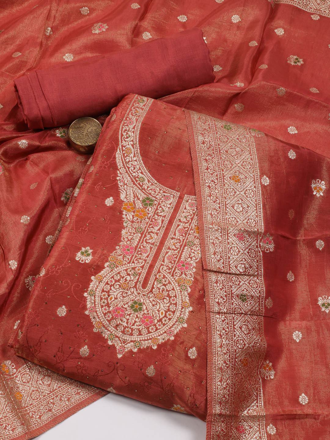 

Meena Bazaar Ethnic Motifs Woven Design Unstitched Dress Material, Coral
