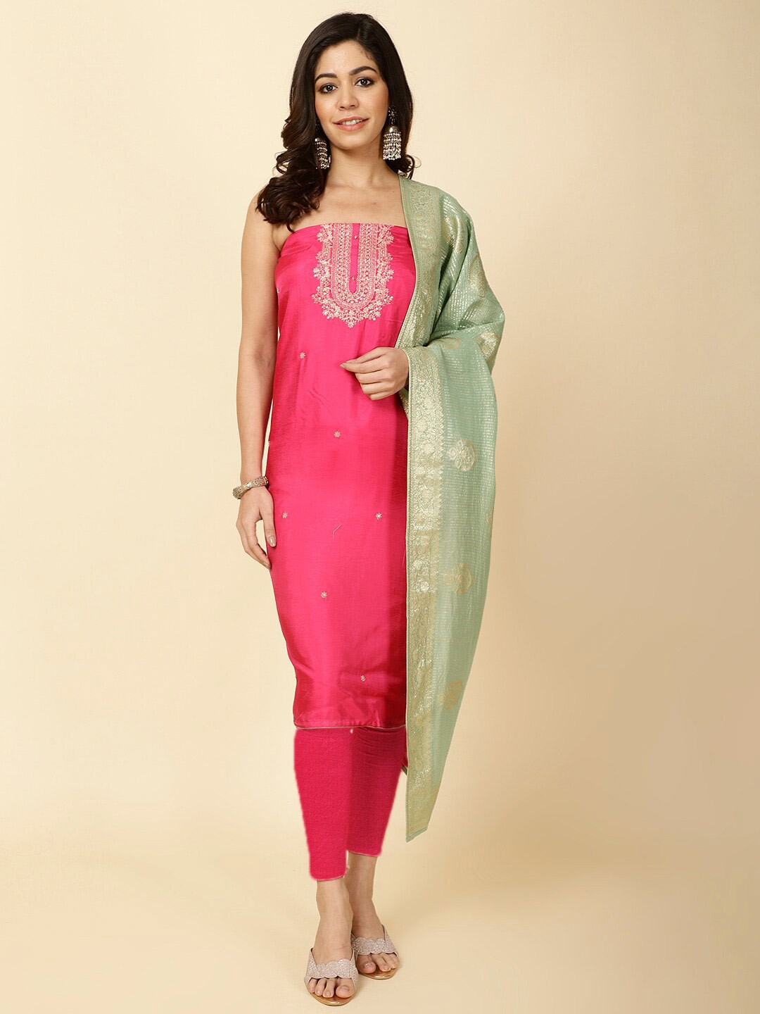 

Meena Bazaar Embroidered Art Silk Unstitched Dress Material, Magenta