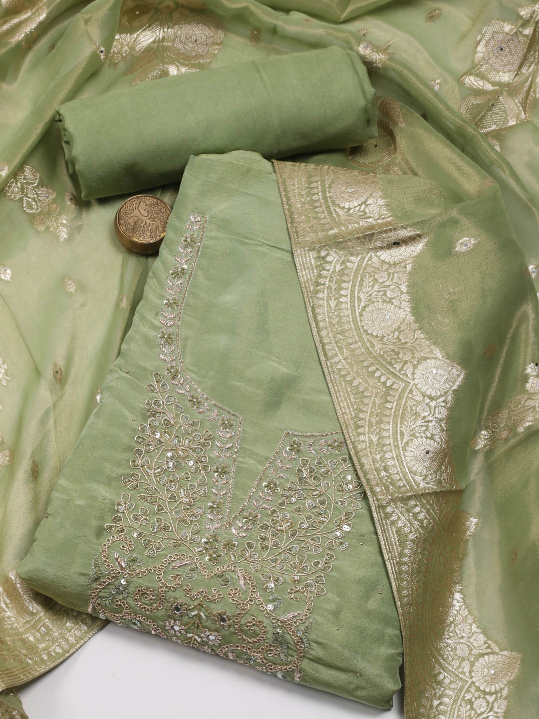 

Meena Bazaar Ethnic Embellished Unstitched Dress Material, Green