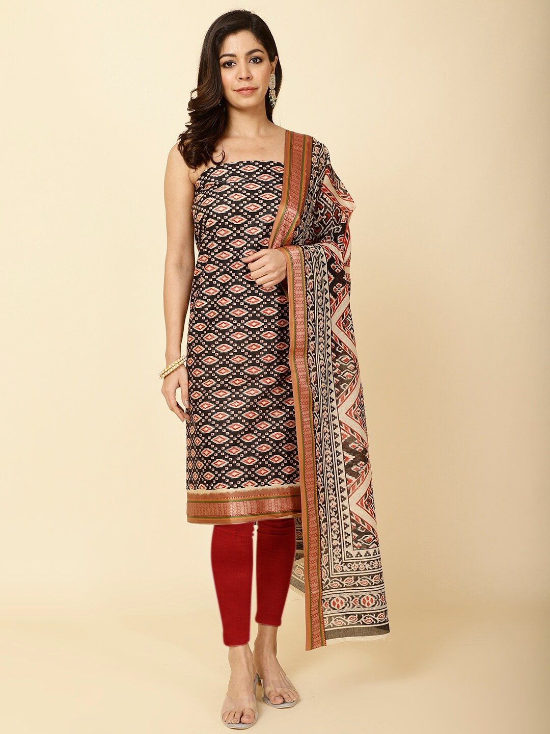 

Meena Bazaar Ethnic Motifs Printed Unstitched Dress Material, Black