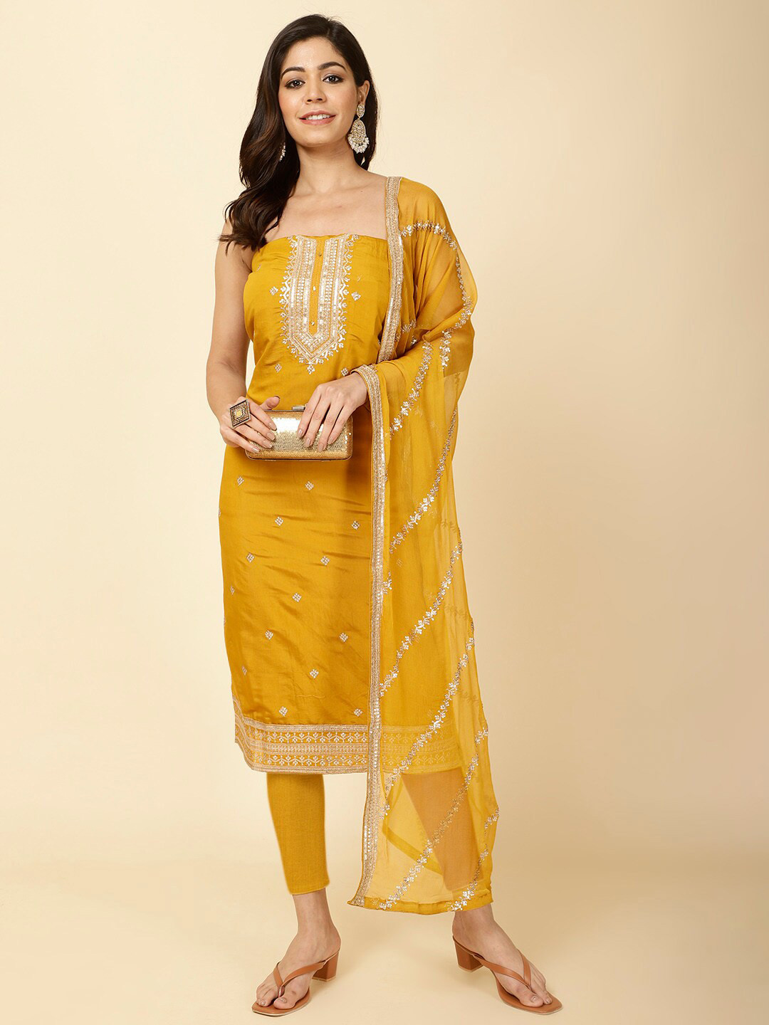 

Meena Bazaar Ethnic Motifs Embroidered Unstitched Dress Material, Mustard