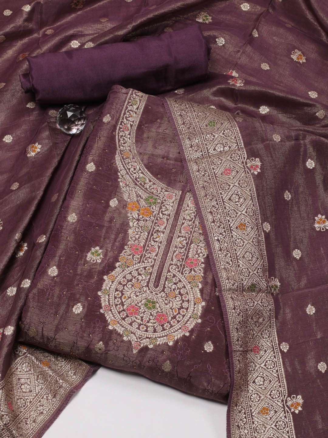 

Meena Bazaar Ethnic Motifs Woven Design Art Silk Unstitched Dress Material, Purple
