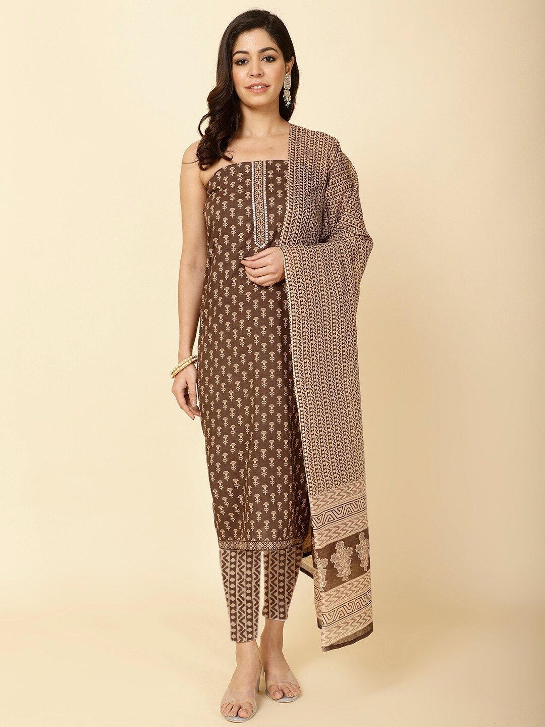 

Meena Bazaar Floral Printed Unstitched Dress Material, Brown