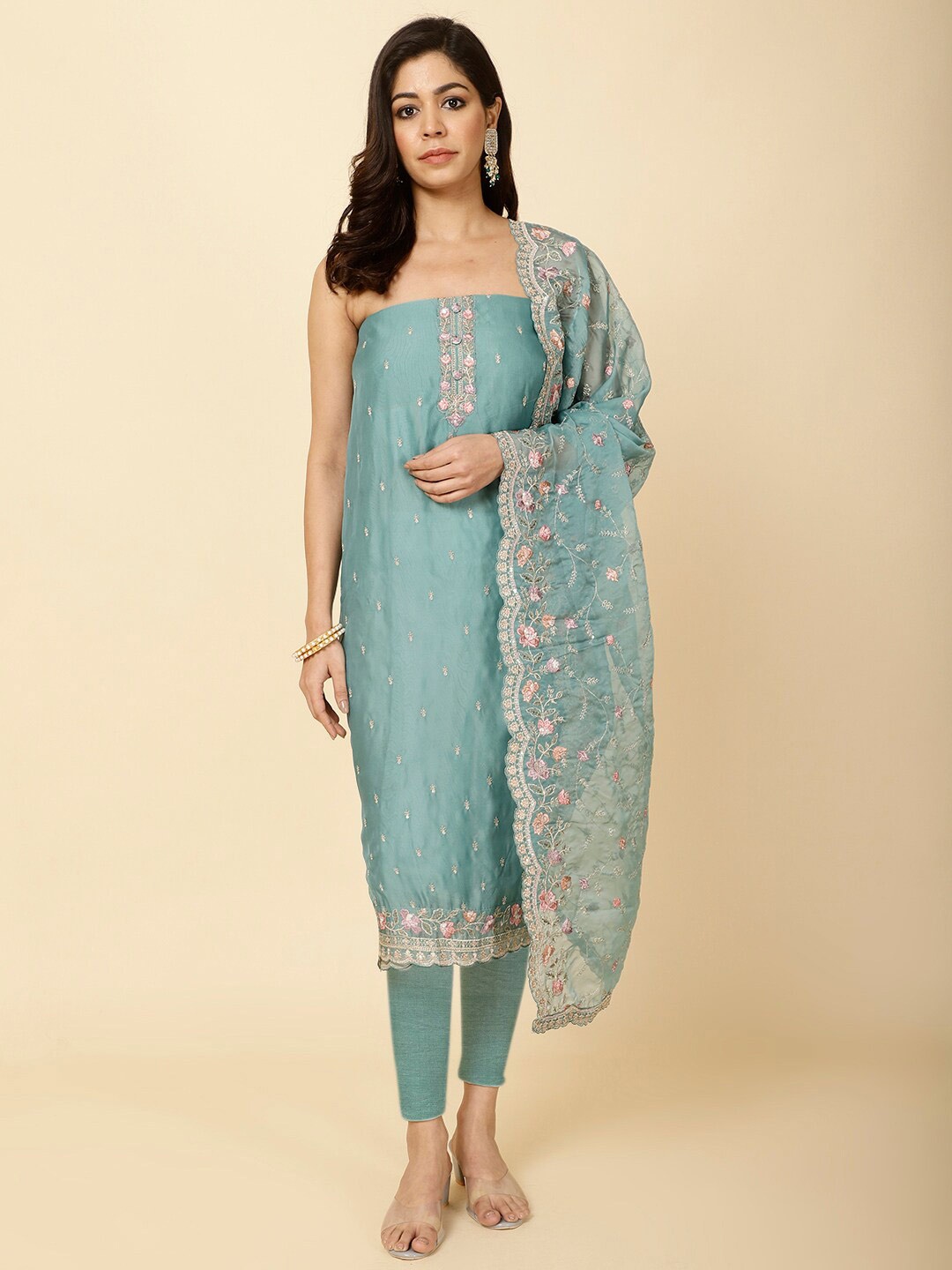 

Meena Bazaar Embroidered Organza Unstitched Dress Material, Blue