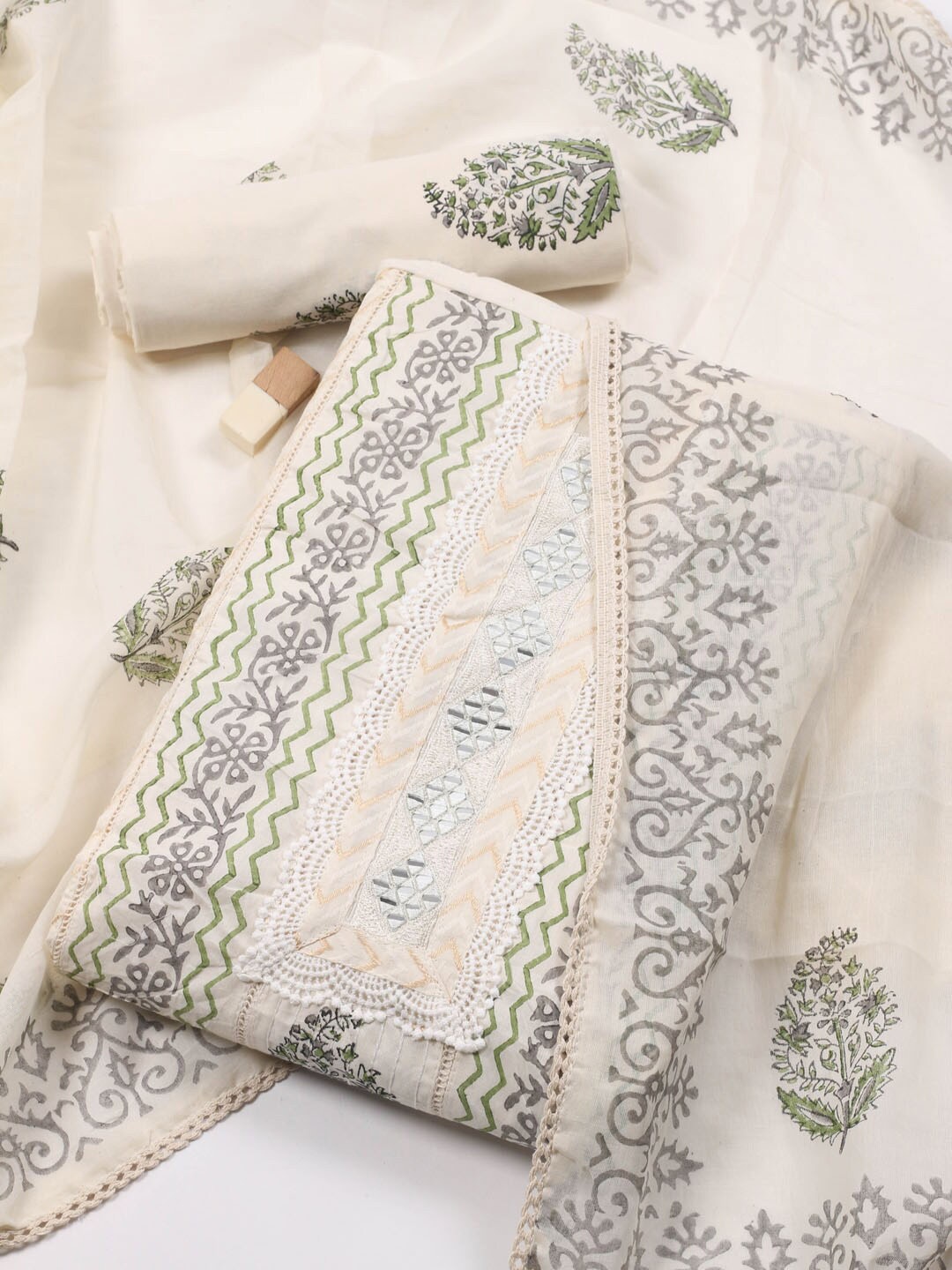 

Meena Bazaar Ethnic Motifs Printed Unstitched Dress Material, Cream