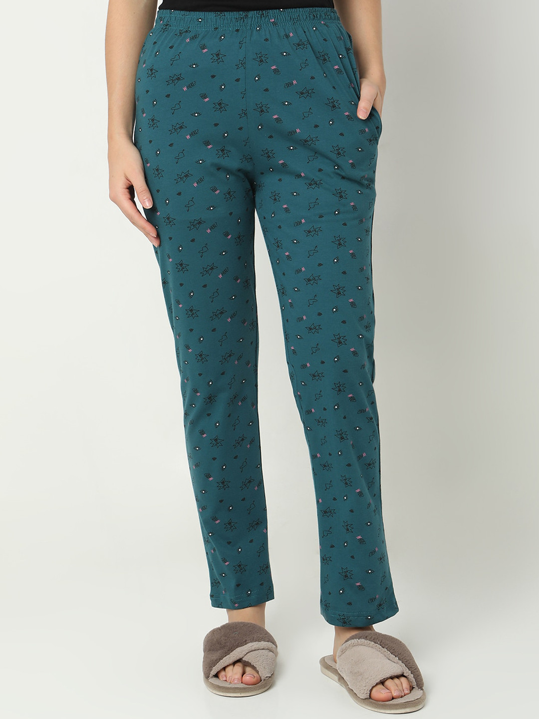 

Smarty Pants Geometric Printed Cotton Lycra Straight Lounge Pant, Green