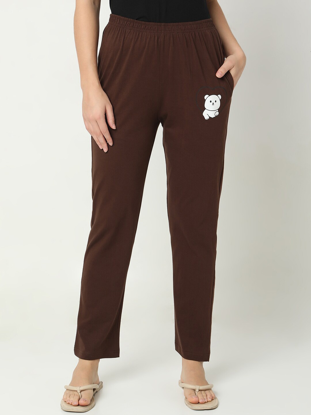 

Smarty Pants Teddy Bear Printed Mid-Rise Cotton Lycra Straight Lounge Pant, Brown