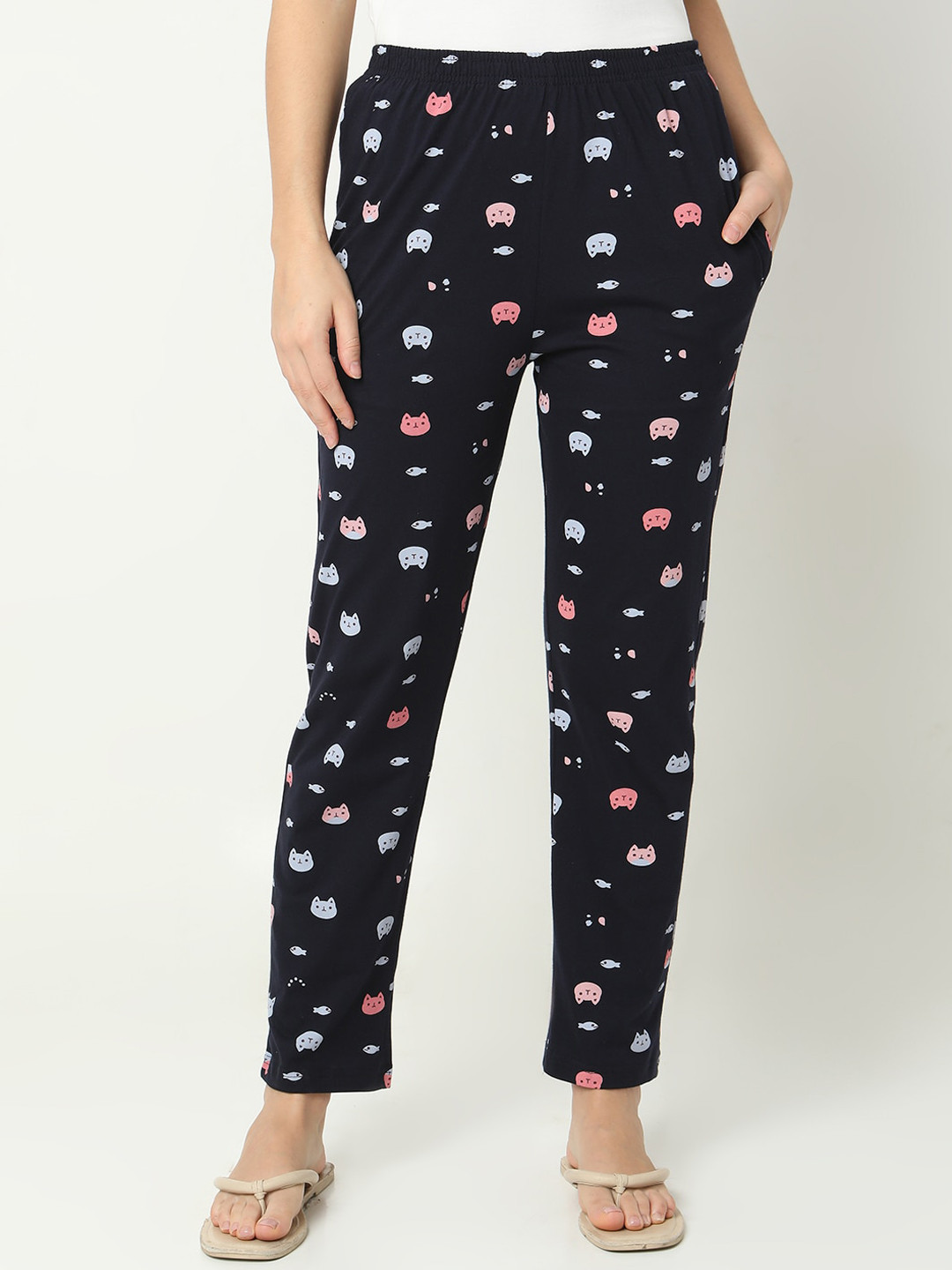 

Smarty Pants Women Printed Cotton Straight Lounge Pants, Navy blue