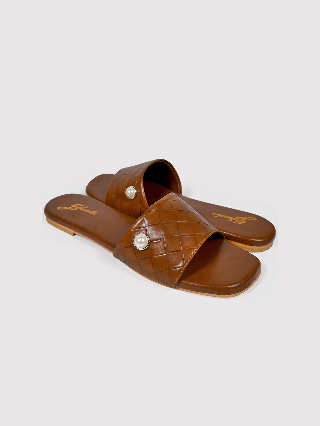 

yellowsoles Textured Embellished Open Toe Flats, Tan