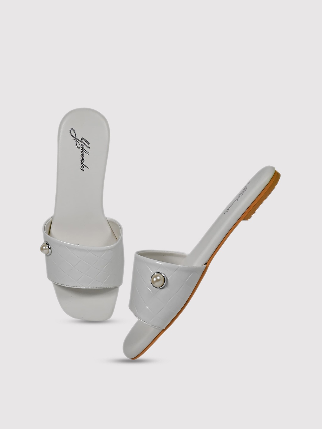 

yellowsoles Textured Embellished Open Toe Flats, White
