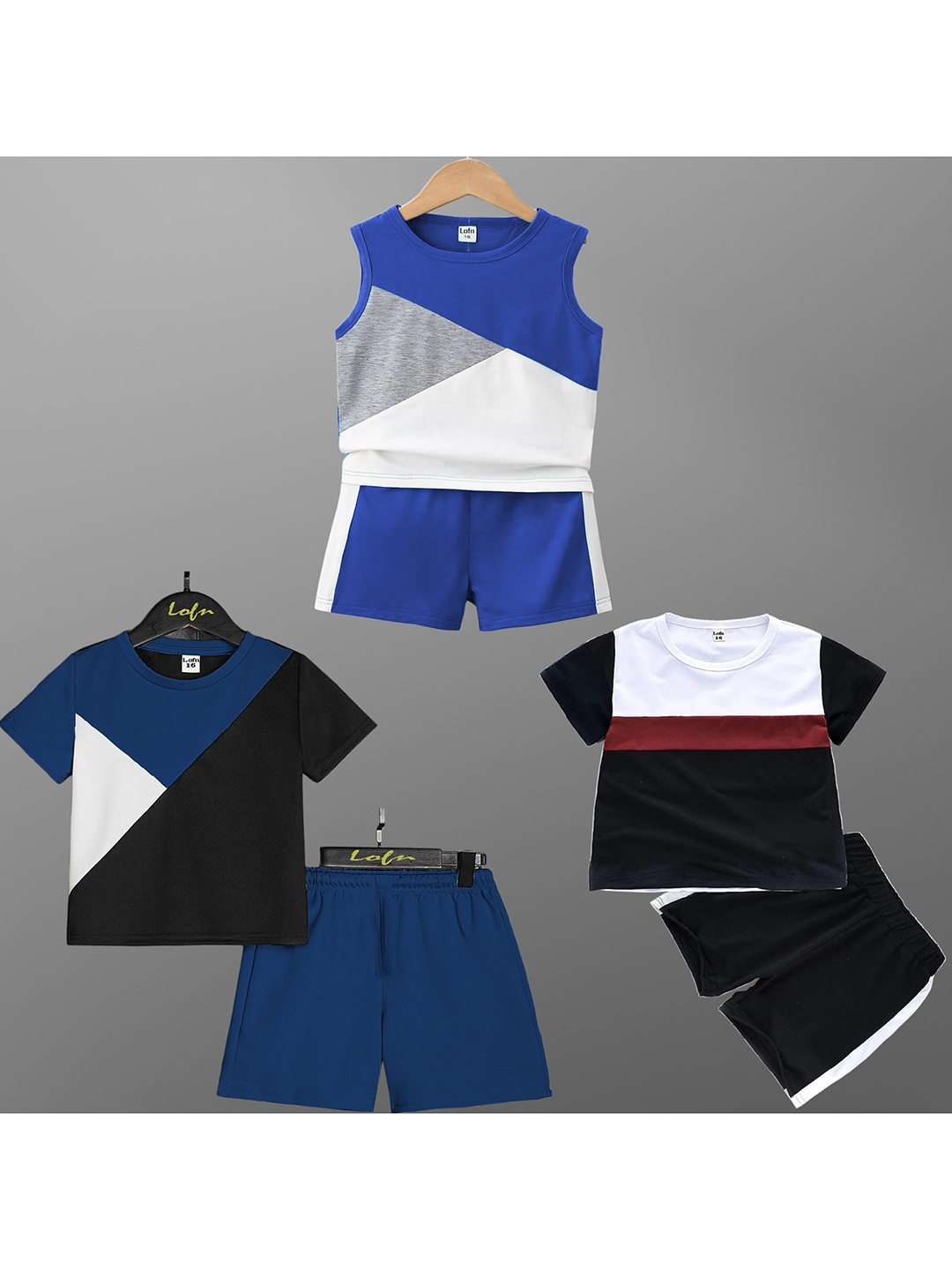 

BAESD Kids Pack Of 3 Colourblocked T-shirts with Shorts, Blue