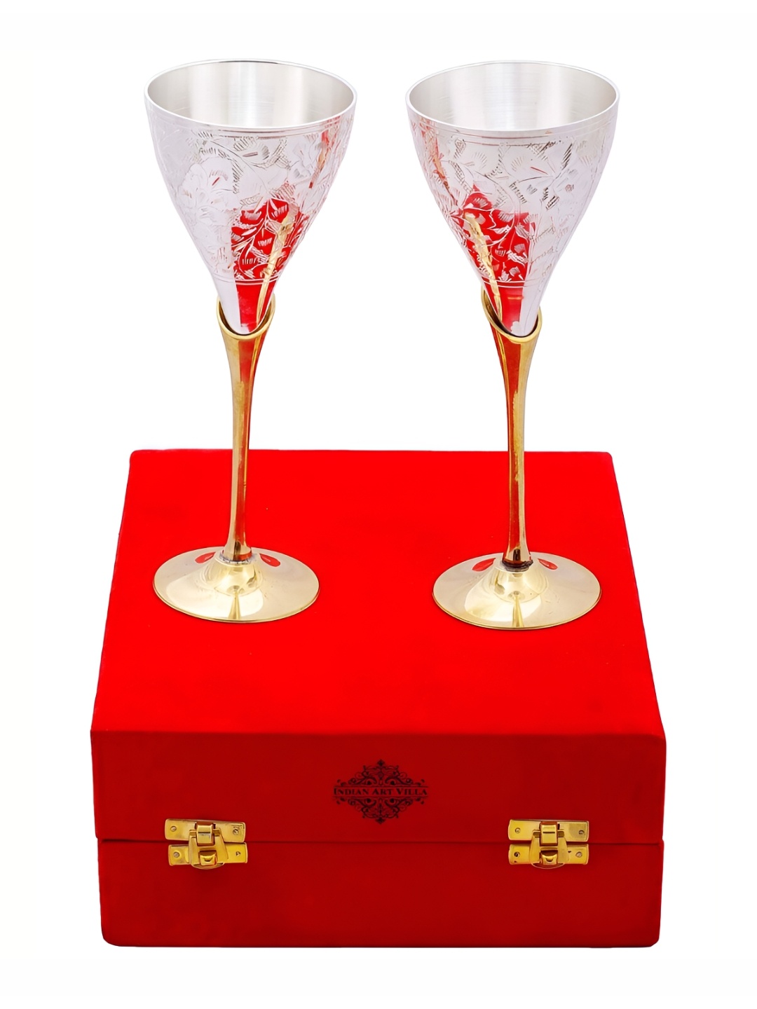 

INDIAN ART VILLA Silver-Toned & Gold-Toned 2Pcs Easy To Clean Champagne Glass With Red Box