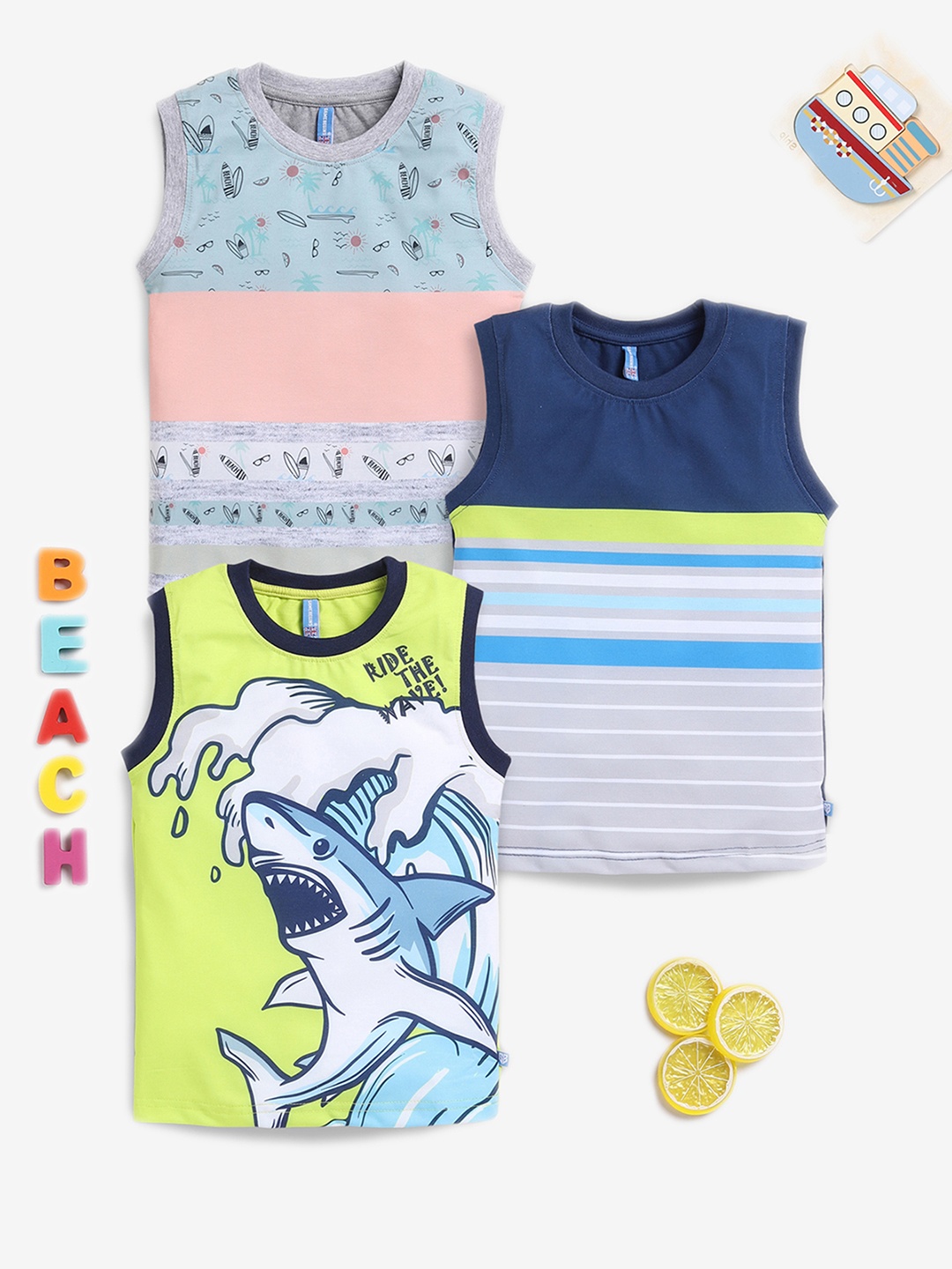 

GAME BEGINS Boys Pack Of 3 Graphic Printed Round Neck Sleeveless T-shirt, Grey