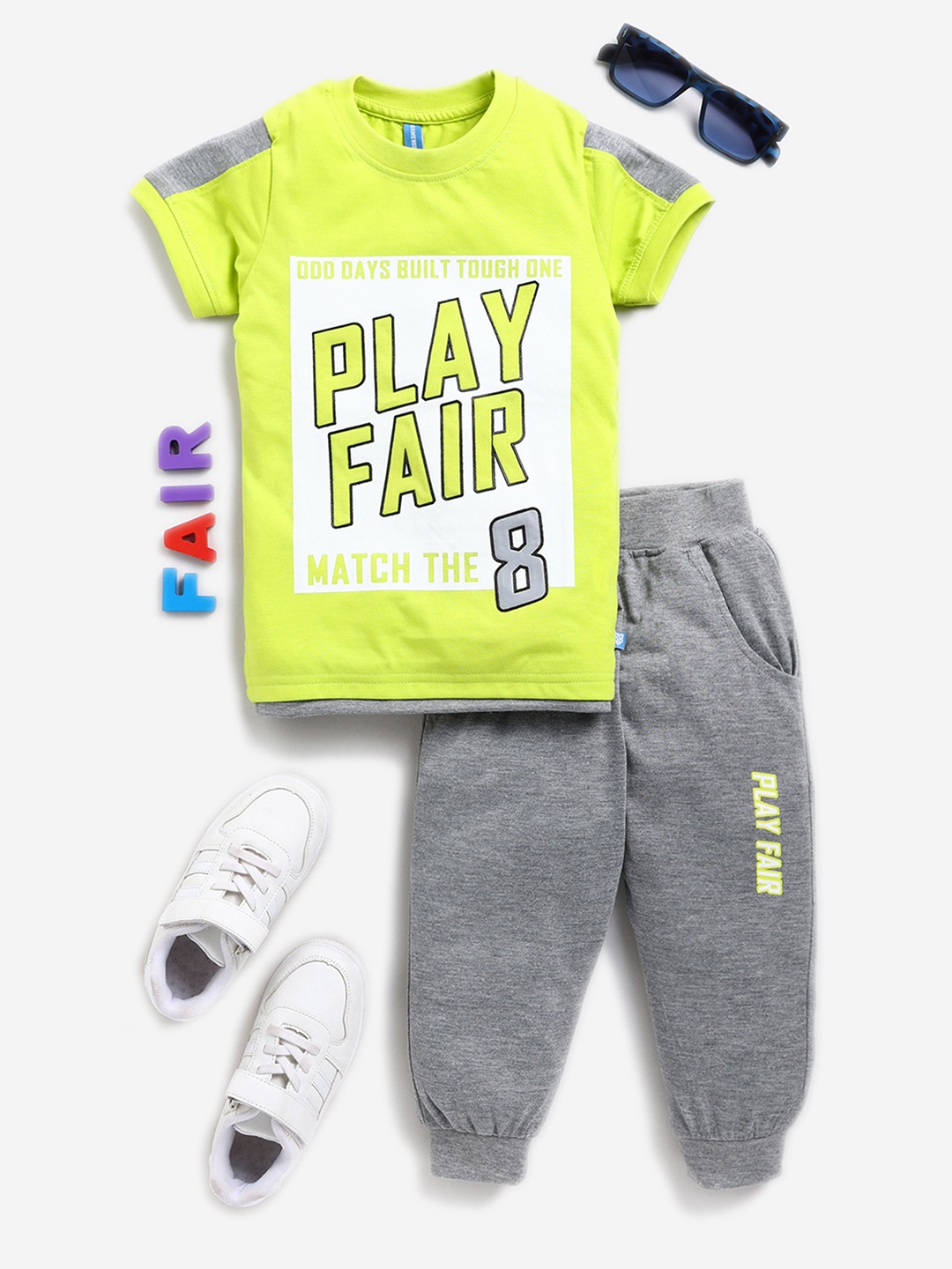 

GAME BEGINS Boys Typographic Printed T-shirt With Trousers, Lime green