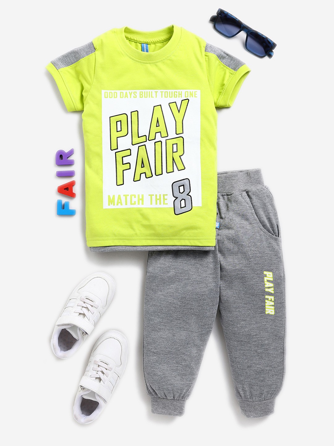 

GAME BEGINS Boys Typographic Printed T-shirt With Trousers, Lime green