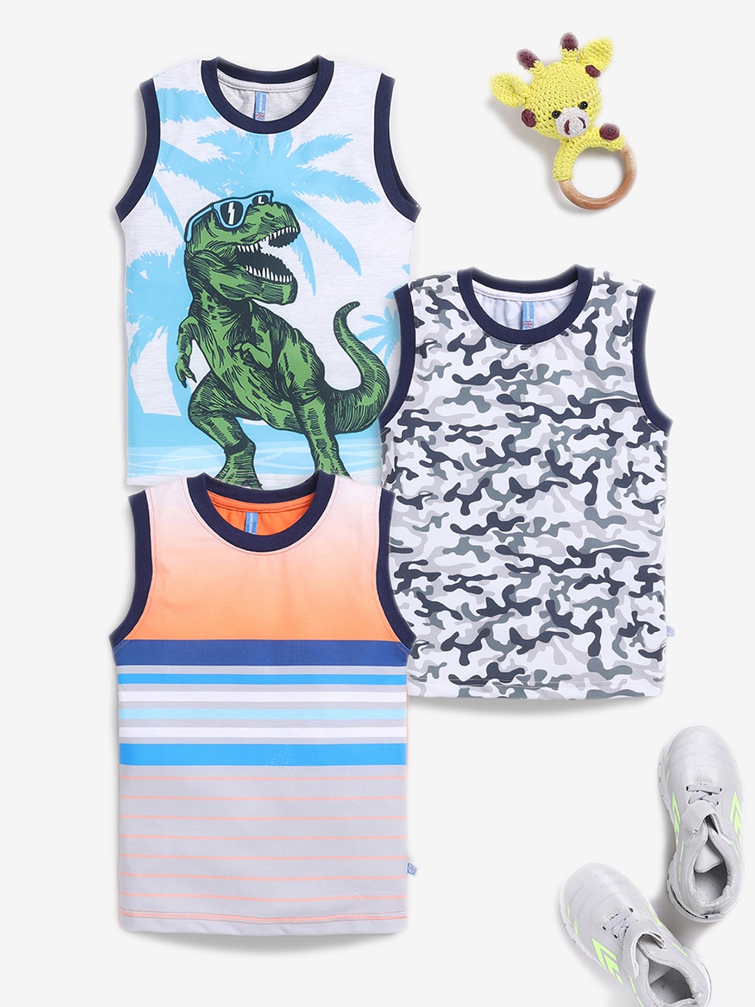 

GAME BEGINS Boys Pack Of 3 Graphic Printed Round Neck Sleeveless T-shirts, Grey