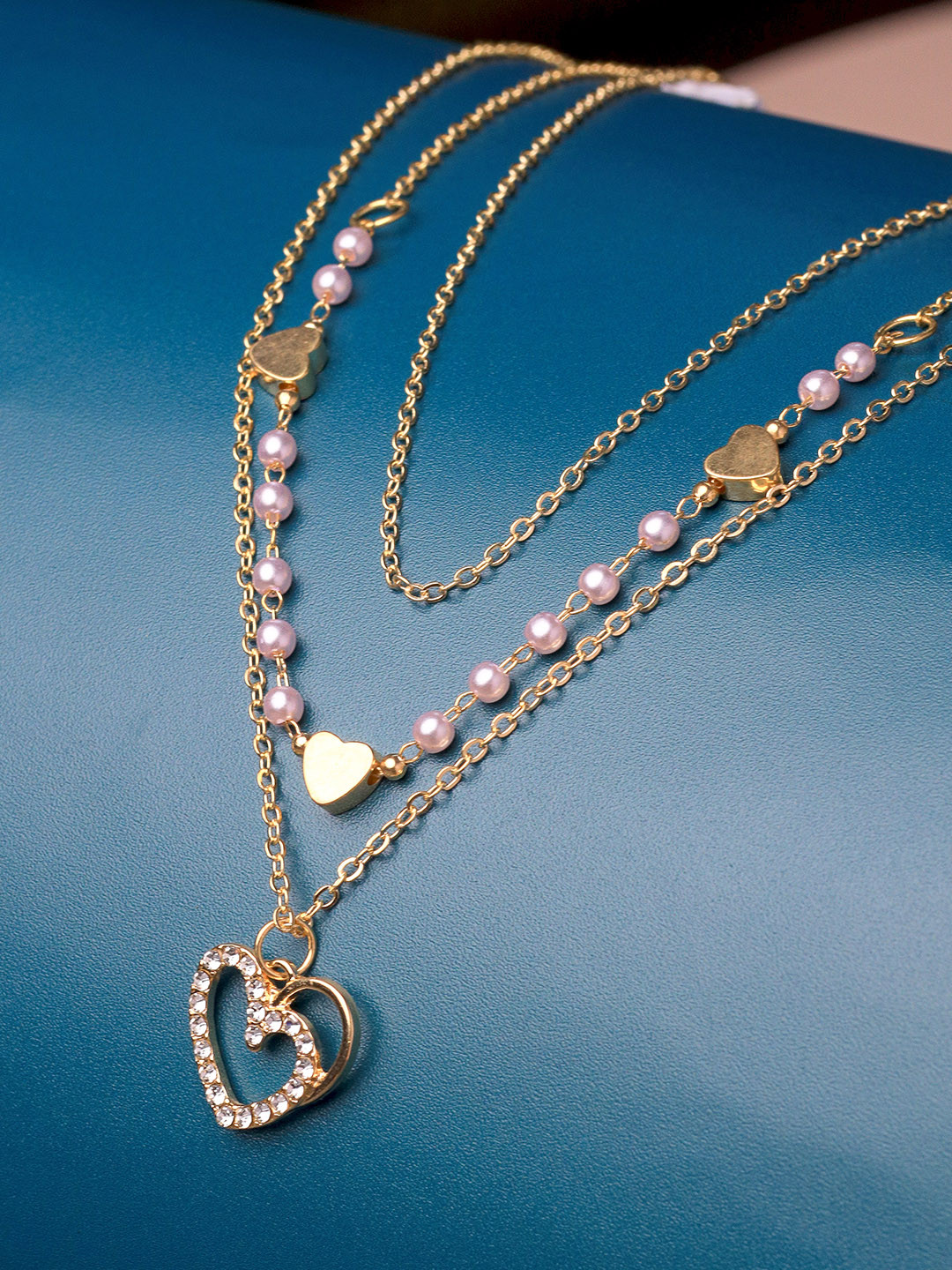 

Ayesha Stone Studded & Beaded Three Layered Necklace with Heart Pendant, Gold