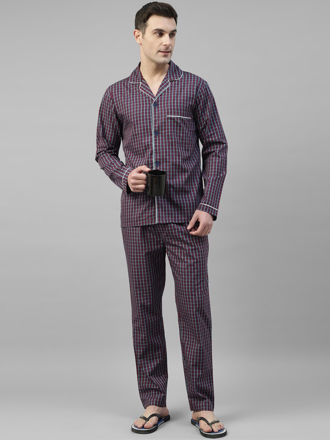 

Hancock Checked Lapel Collar Long Sleeves Cotton Relaxed Fit Night suit 28030Navy- Red, Navy blue