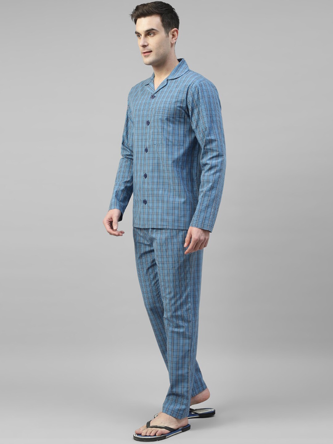 

Hancock Checked Lapel Collar Long Sleeves Cotton Relaxed Fit Night suit 28031Blue, Blue