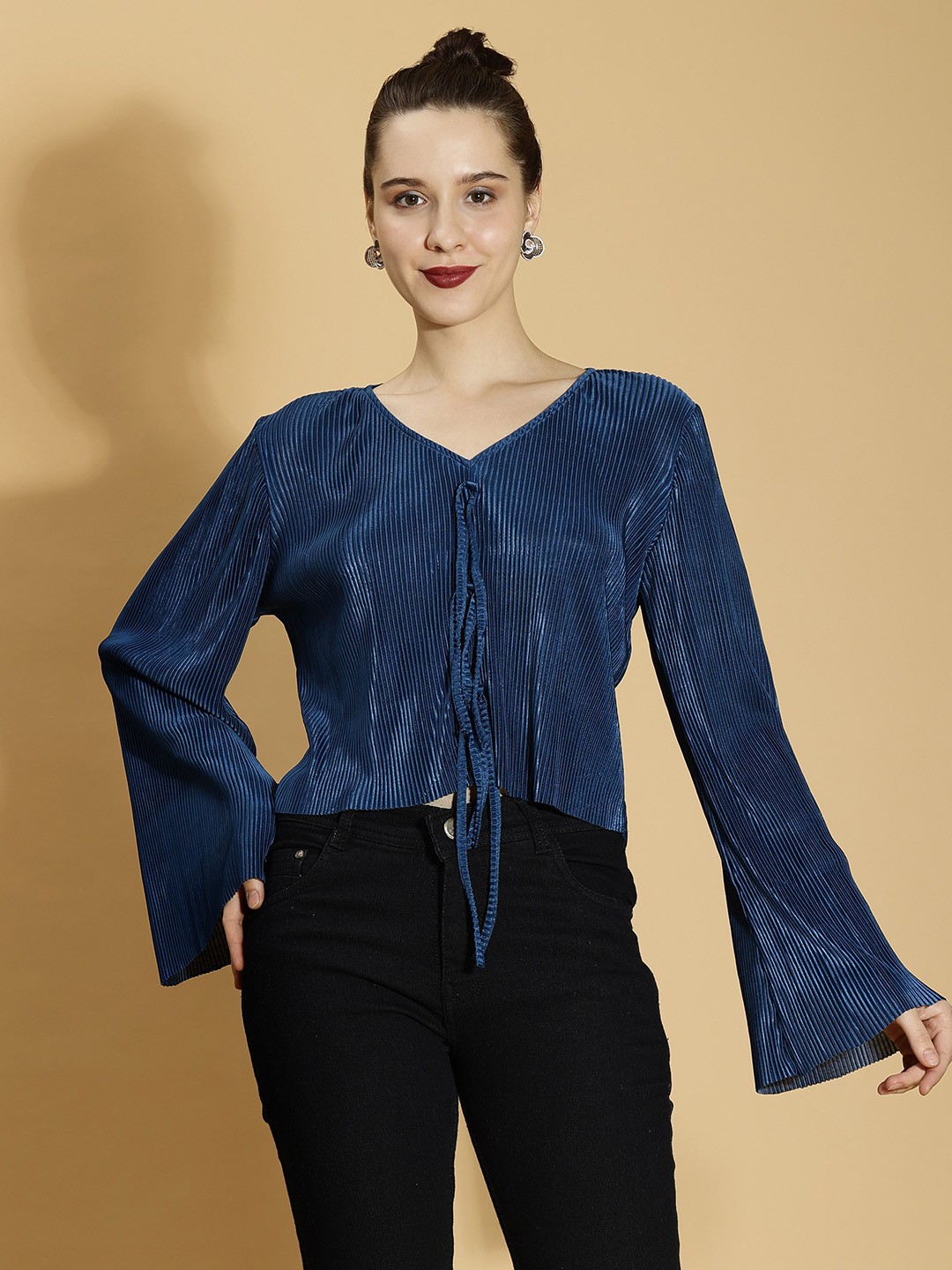 

DressBerry Navy Blue Vertical Striped V-Neck Flared Sleeves Crop Top