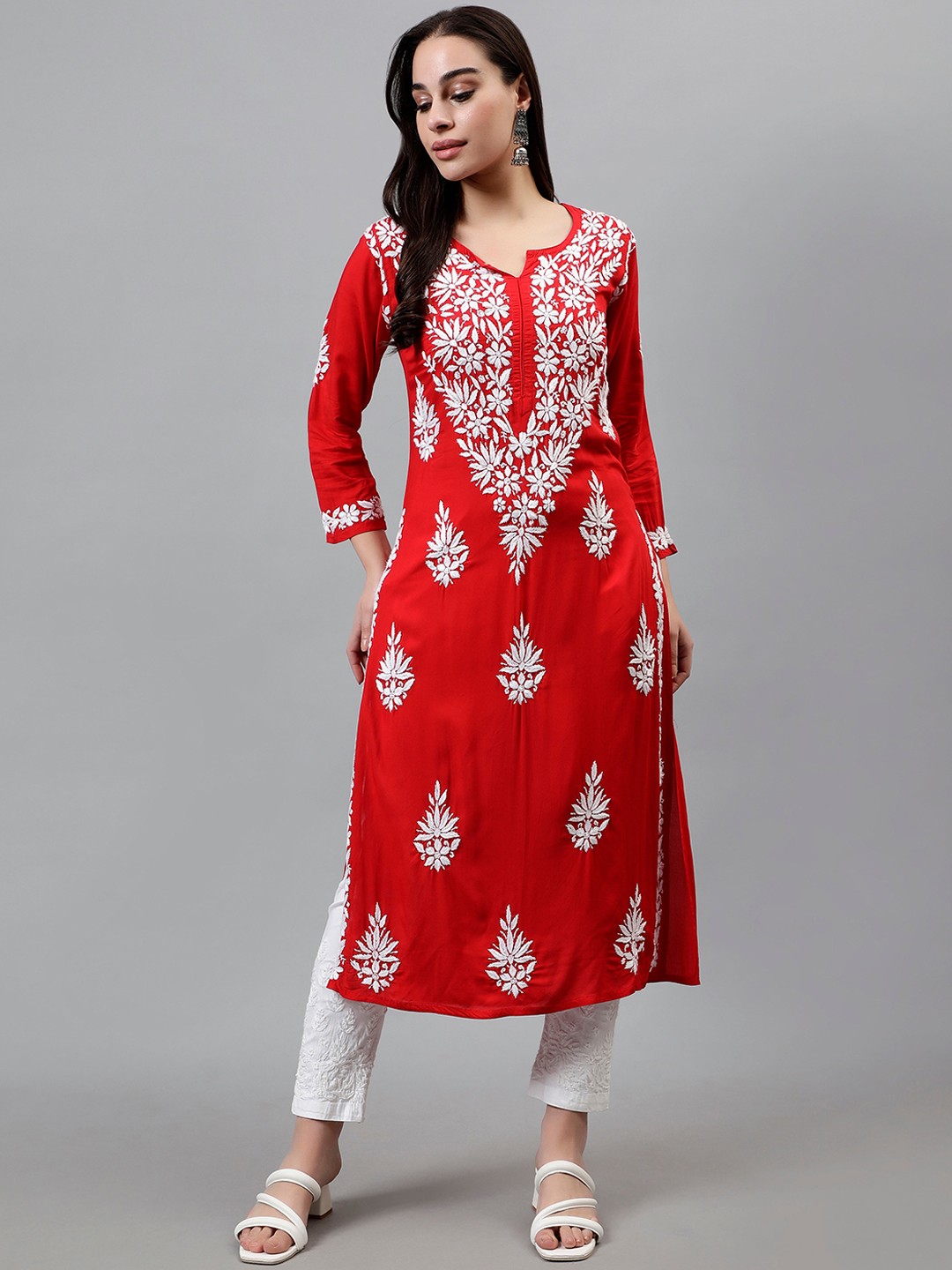 

Seva Chikan Notched Neck Floral Embroidered Straight Chikankari Kurta, Red