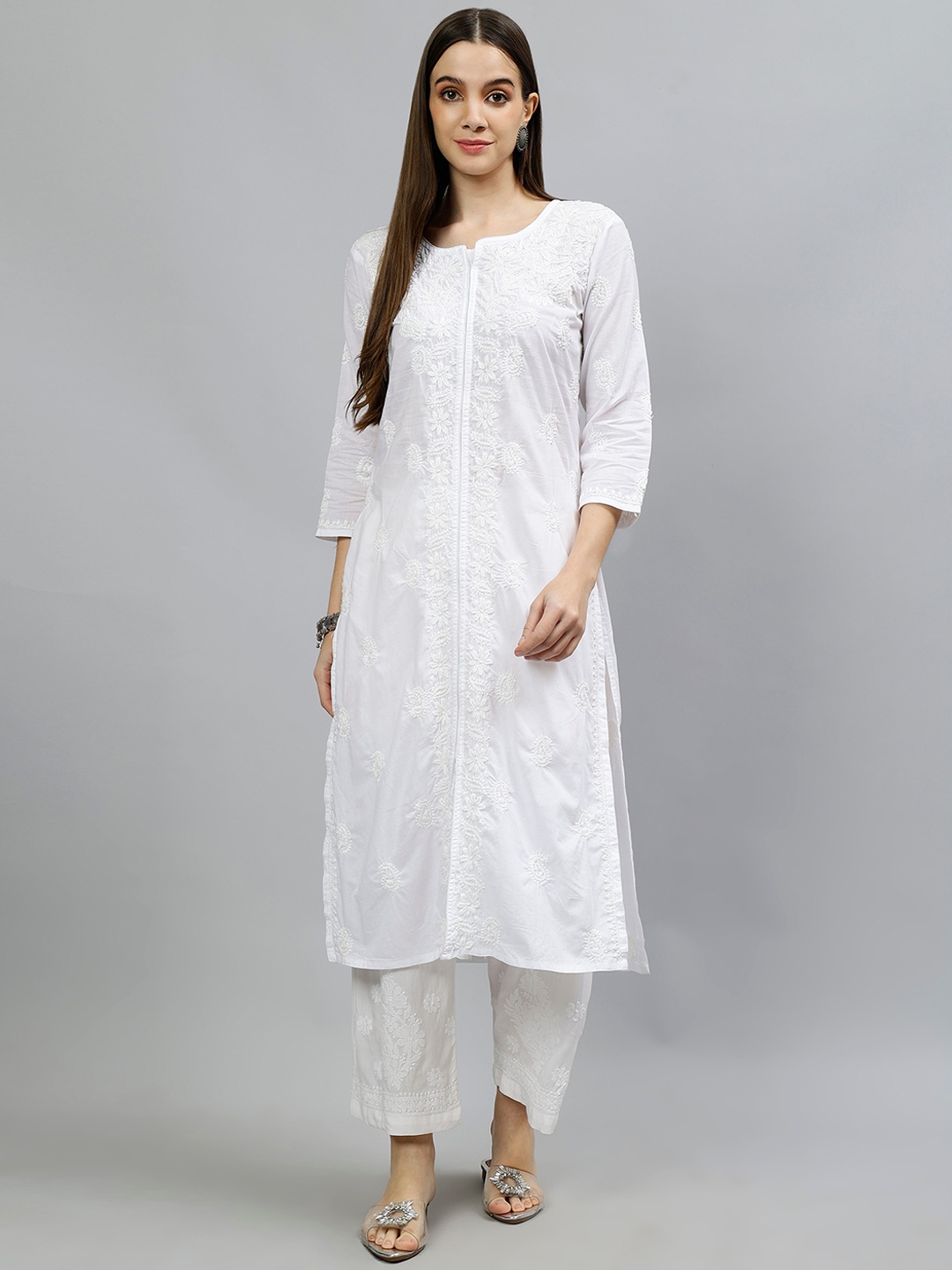

Seva Chikan Ethnic Motifs Embroidered Lucknowi Cotton Chikankari Kurta, White