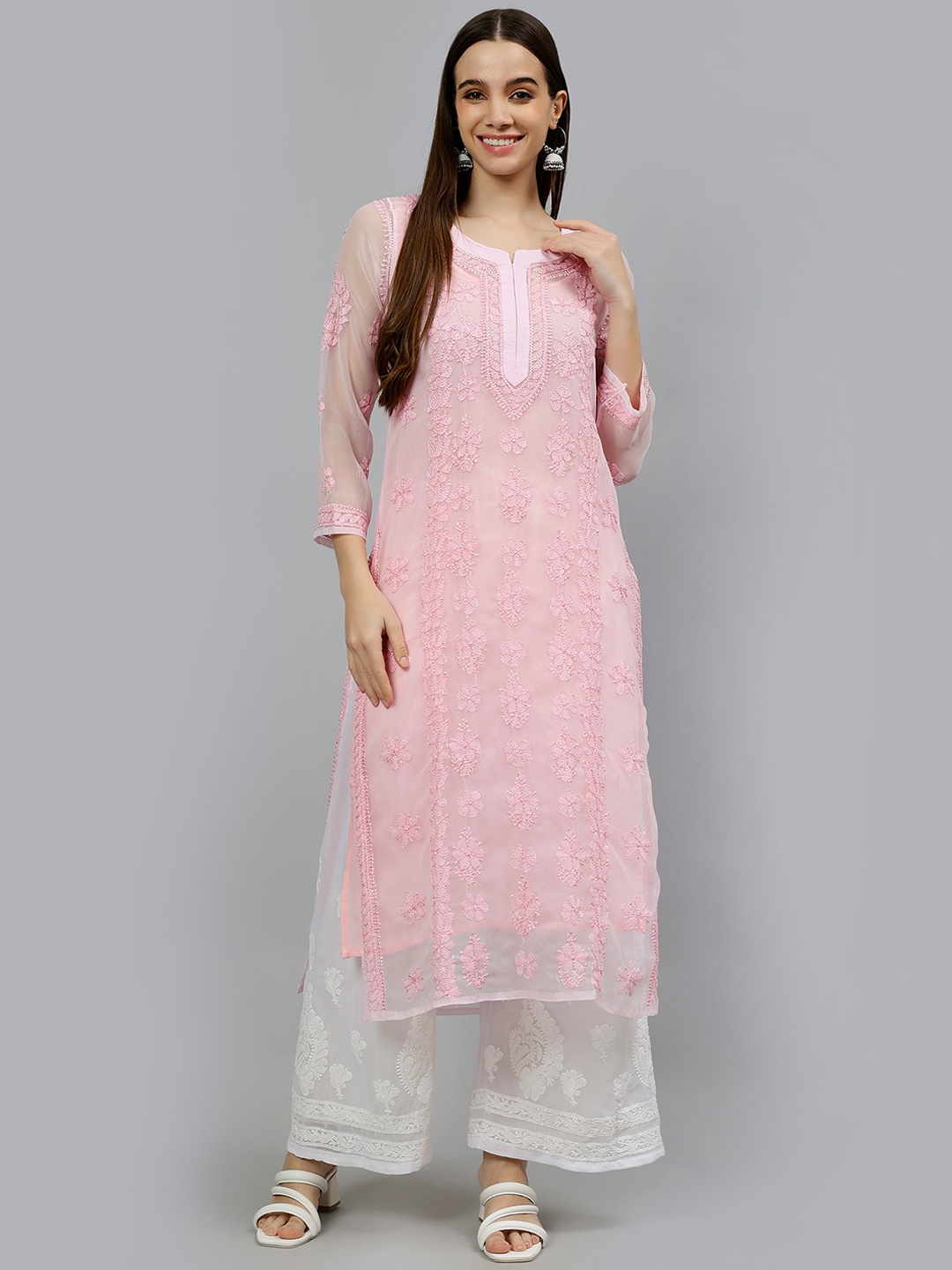 

Seva Chikan Ethnic Motifs Embroidered Lucknowi Chikankari Georgette Kurta, Pink