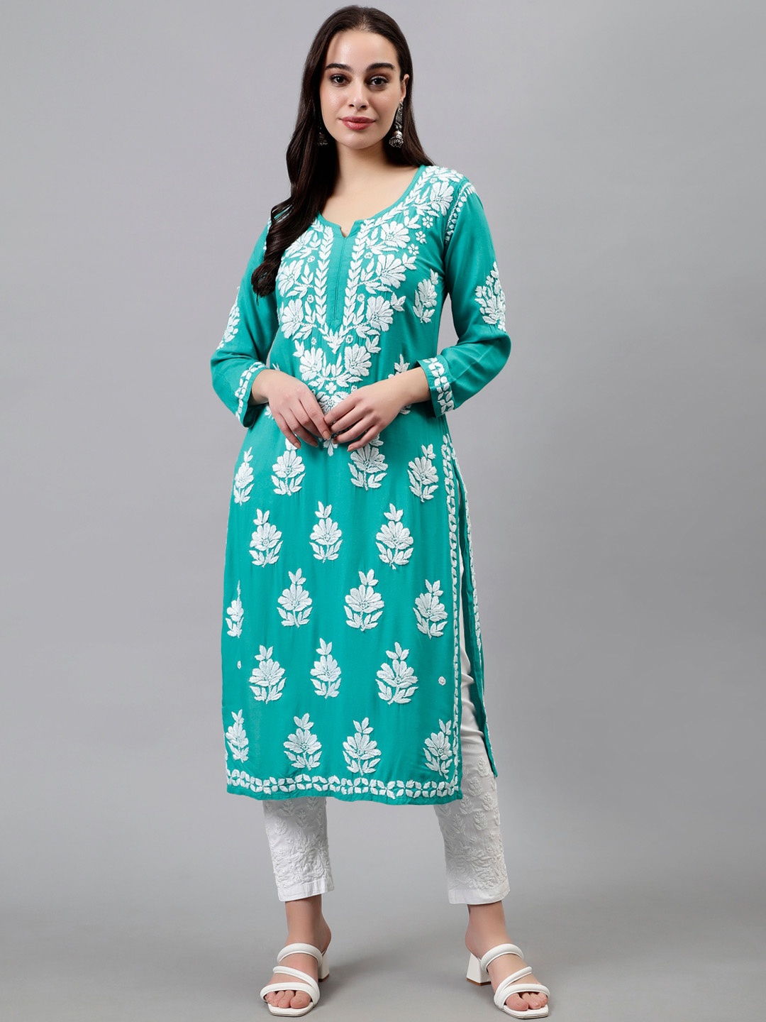 

Seva Chikan Ethnic Motifs Printed Lucknowi Chikankari Kurta, Green
