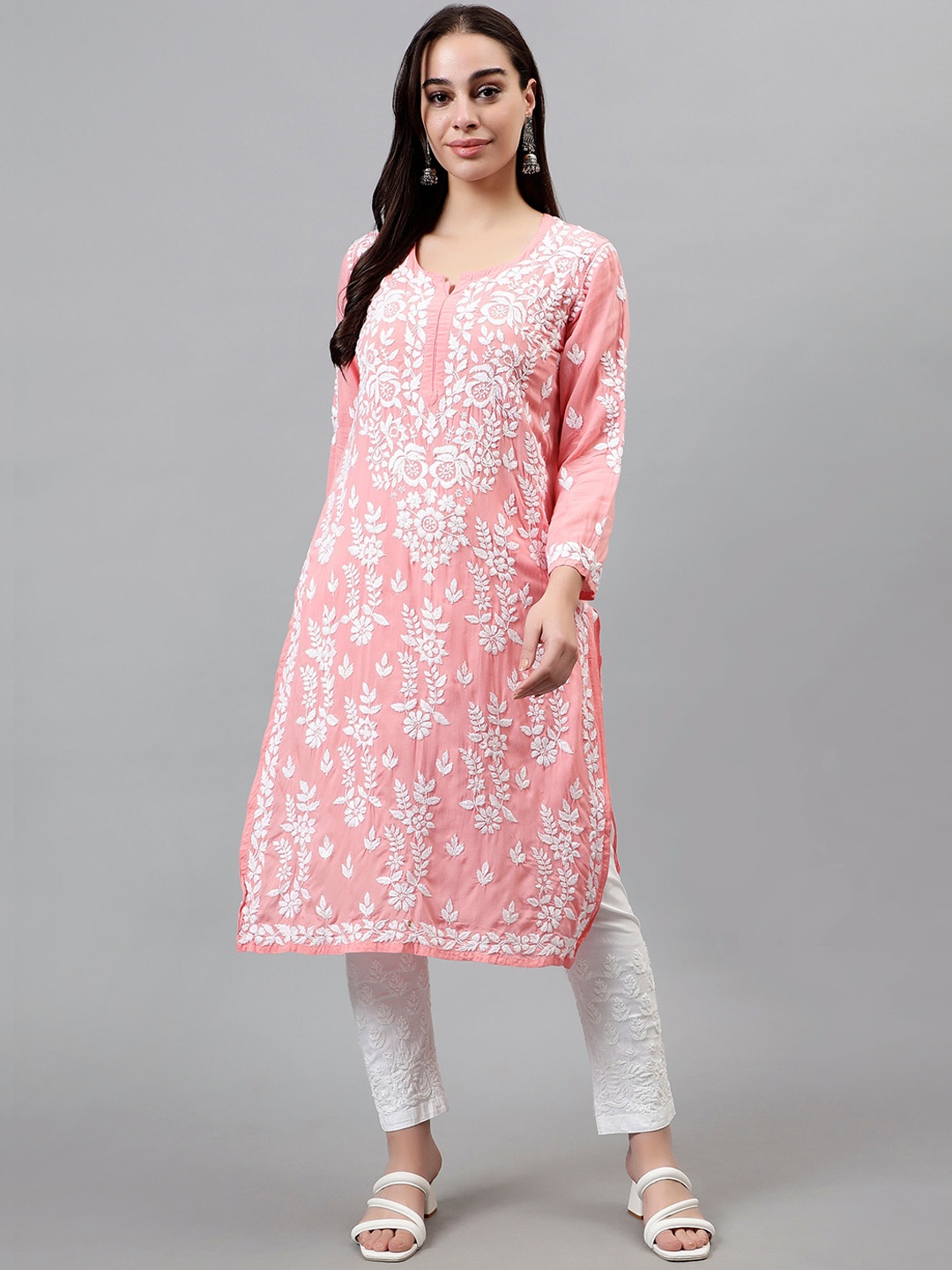 

Seva Chikan Floral Embroidered Notched Neck Lucknowi Chikankari Modal Straight Kurta, Peach