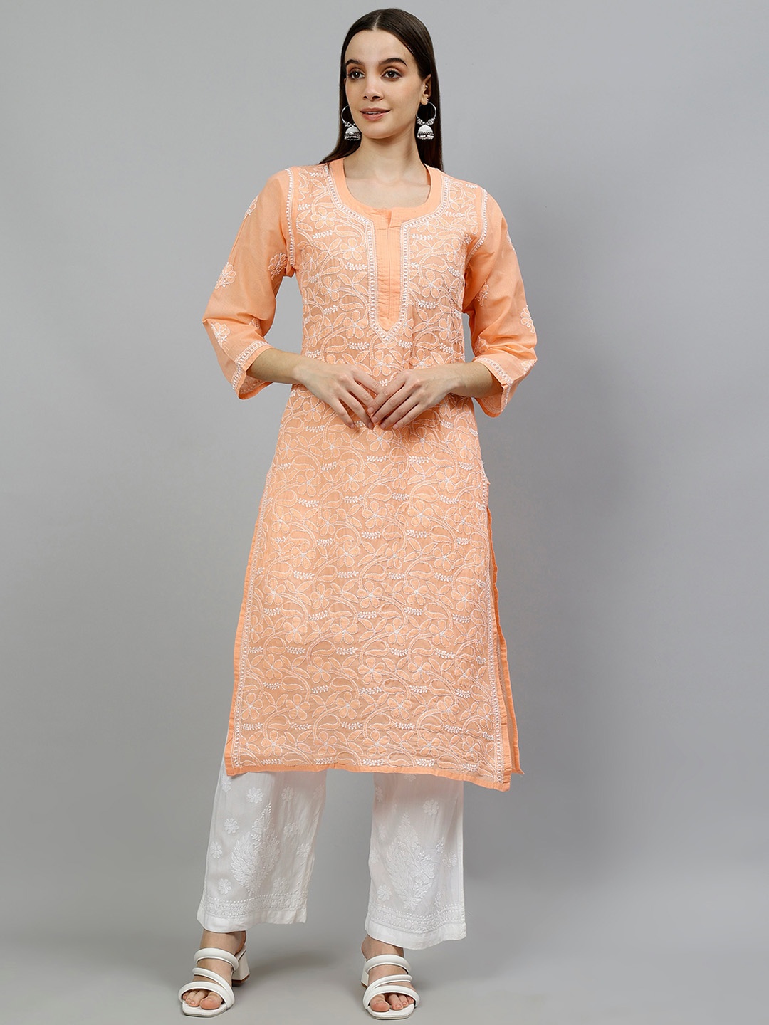 

Seva Chikan Ethnic Motifs Embroidered Lucknowi Chikankari Kurta, Peach