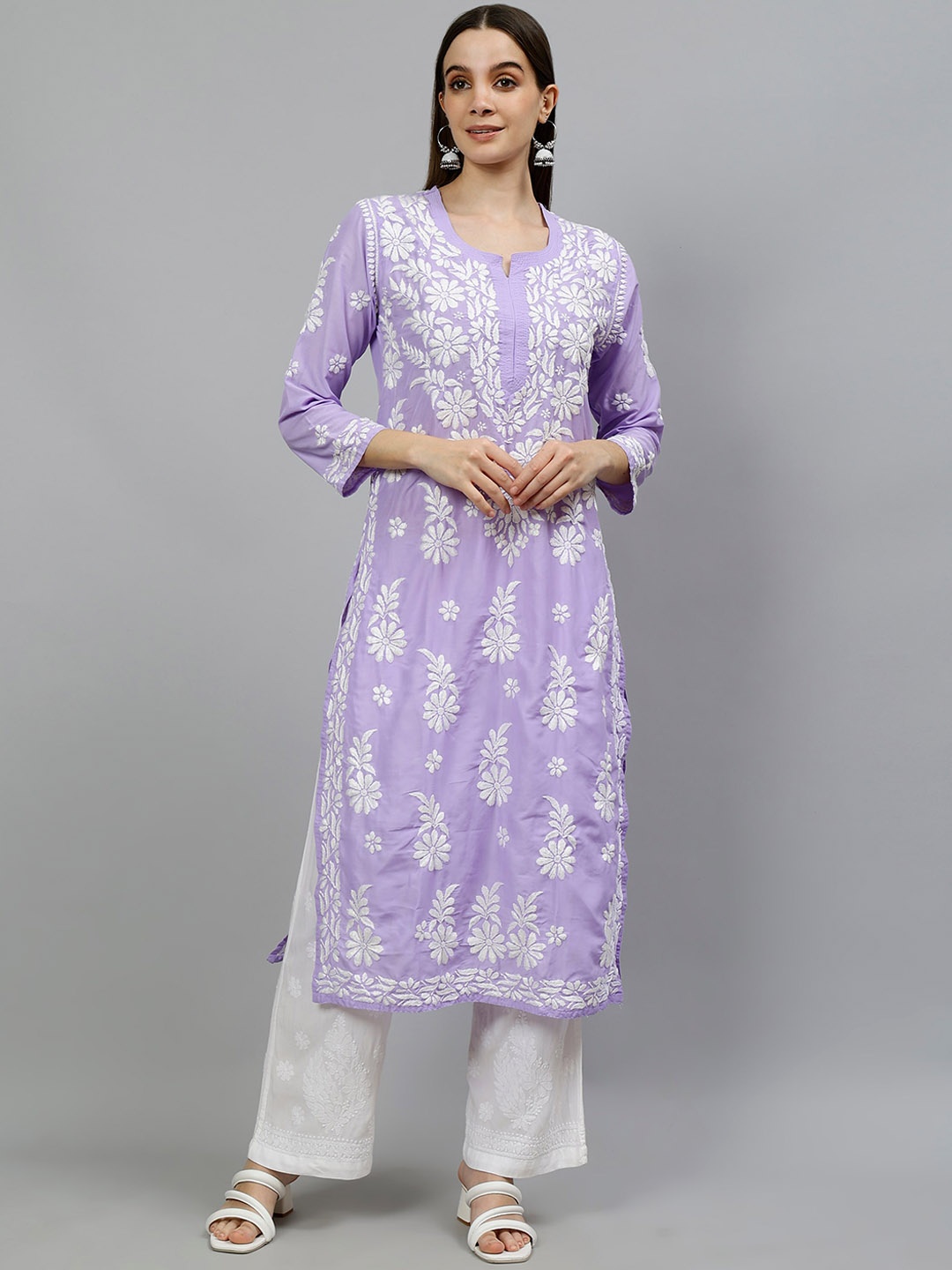 

Seva Chikan Floral Embroidered Chikankari Straight Kurta, Mauve