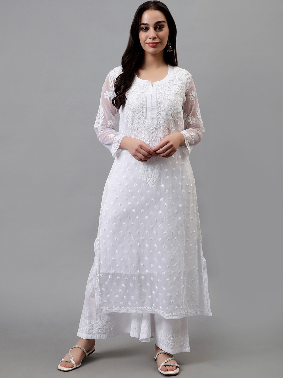 

Seva Chikan Floral Embroidered Chikankari Georgette Straight Kurta, White
