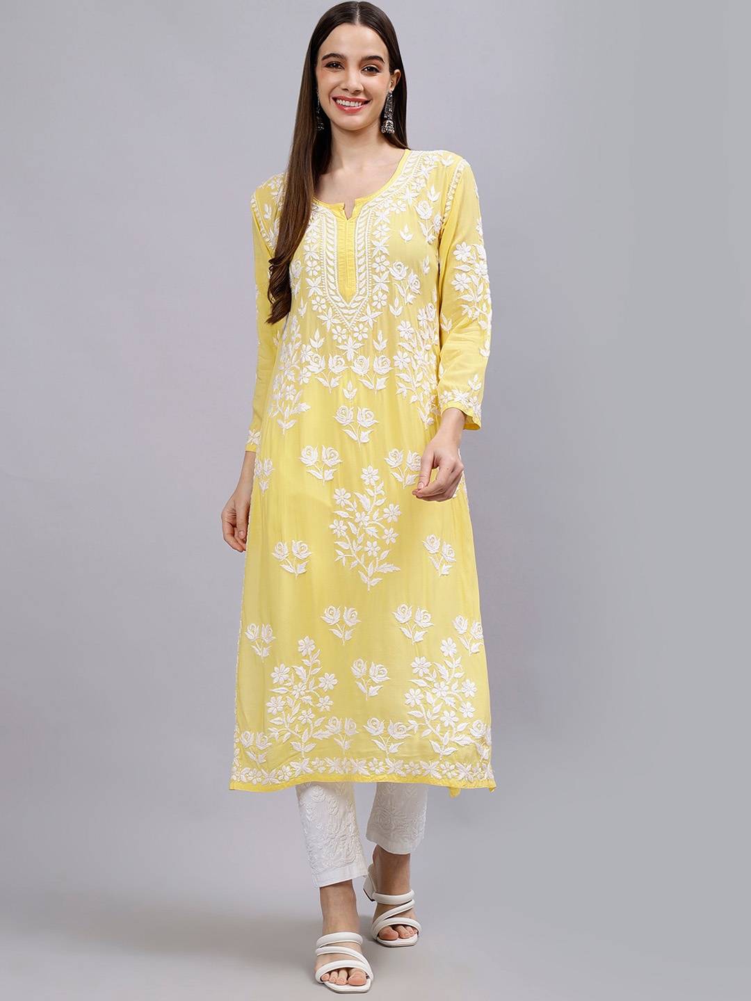 

Seva Chikan Floral Printed Notched Neck Three-Quarter Sleeves Chikankari Straight Kurta, Yellow