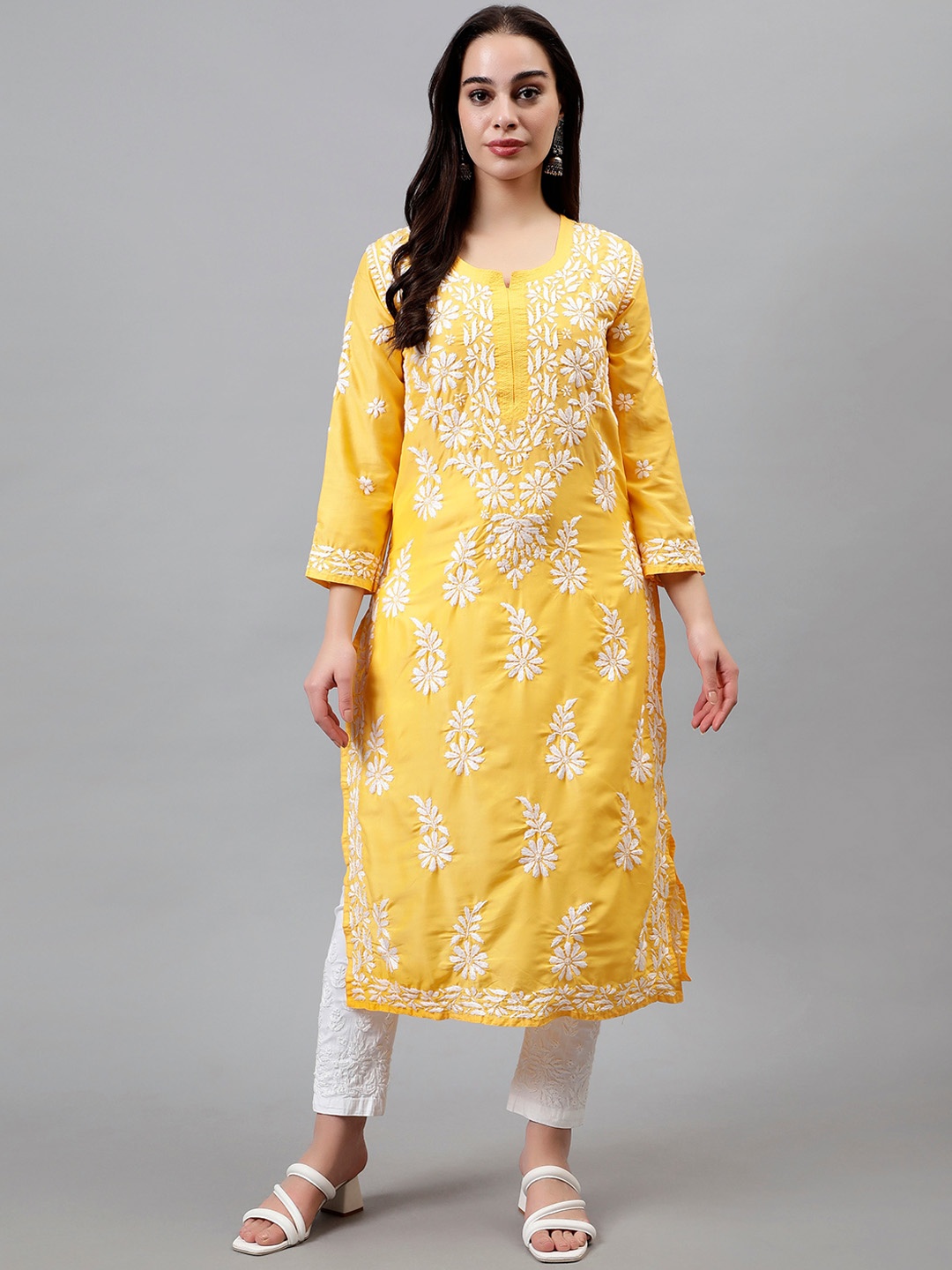 

Seva Chikan Floral Printed Notched Neck Long Sleeves Chikankari Straight Kurta, Yellow