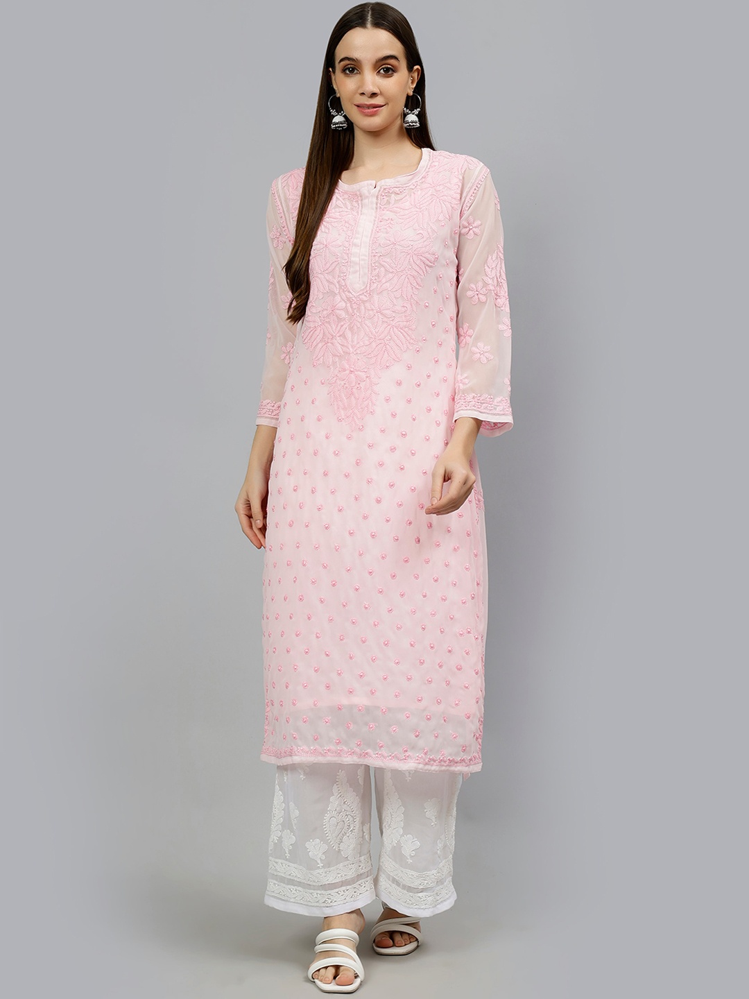 

Seva Chikan Floral Embroidered Notched Neck Lucknowi Chikankari Georgette Straight Kurta, Pink