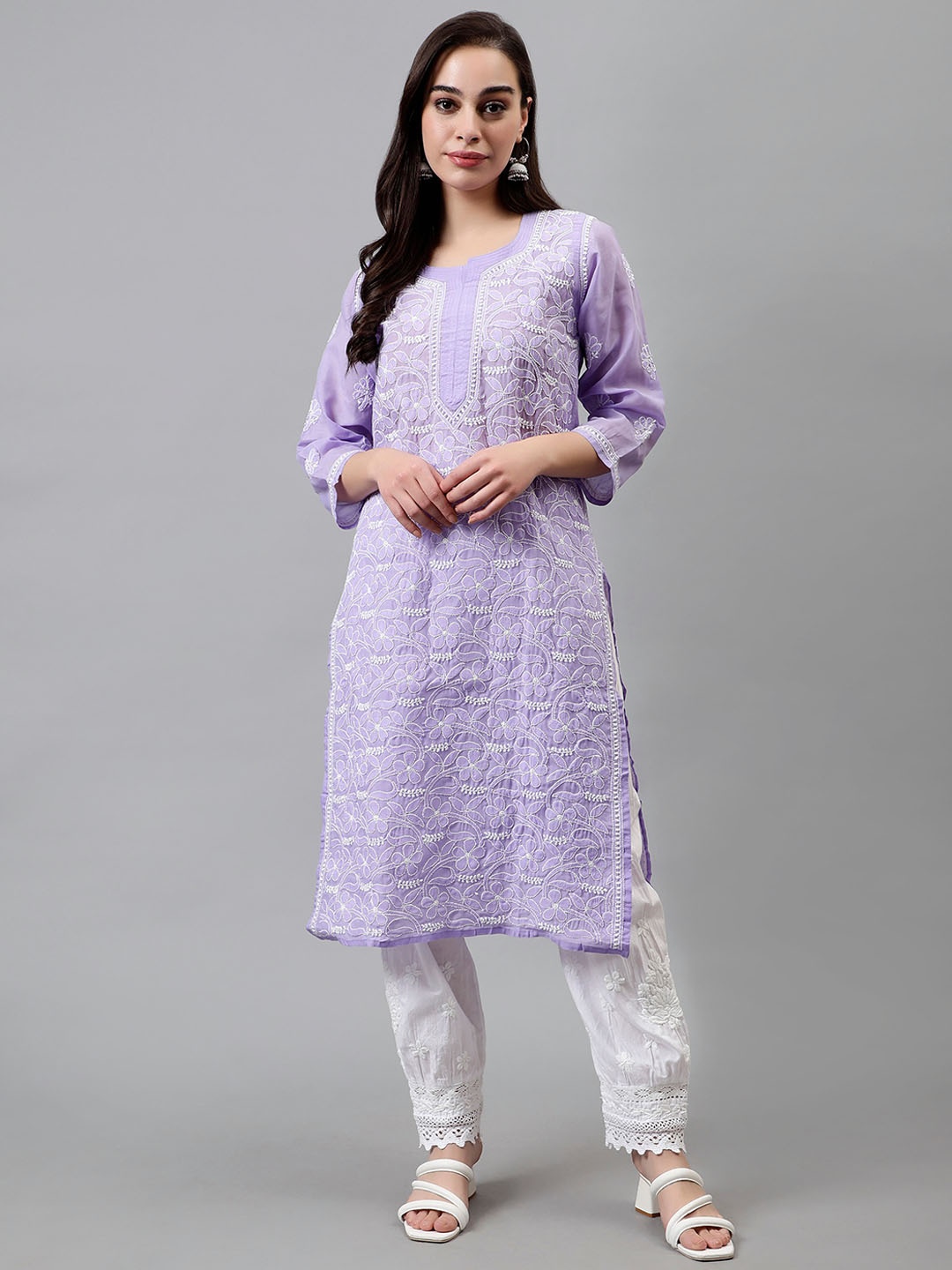 

Seva Chikan Floral Embroidered Round Neck Three-Quarter Sleeves Chikankari Straight Kurta, Mauve