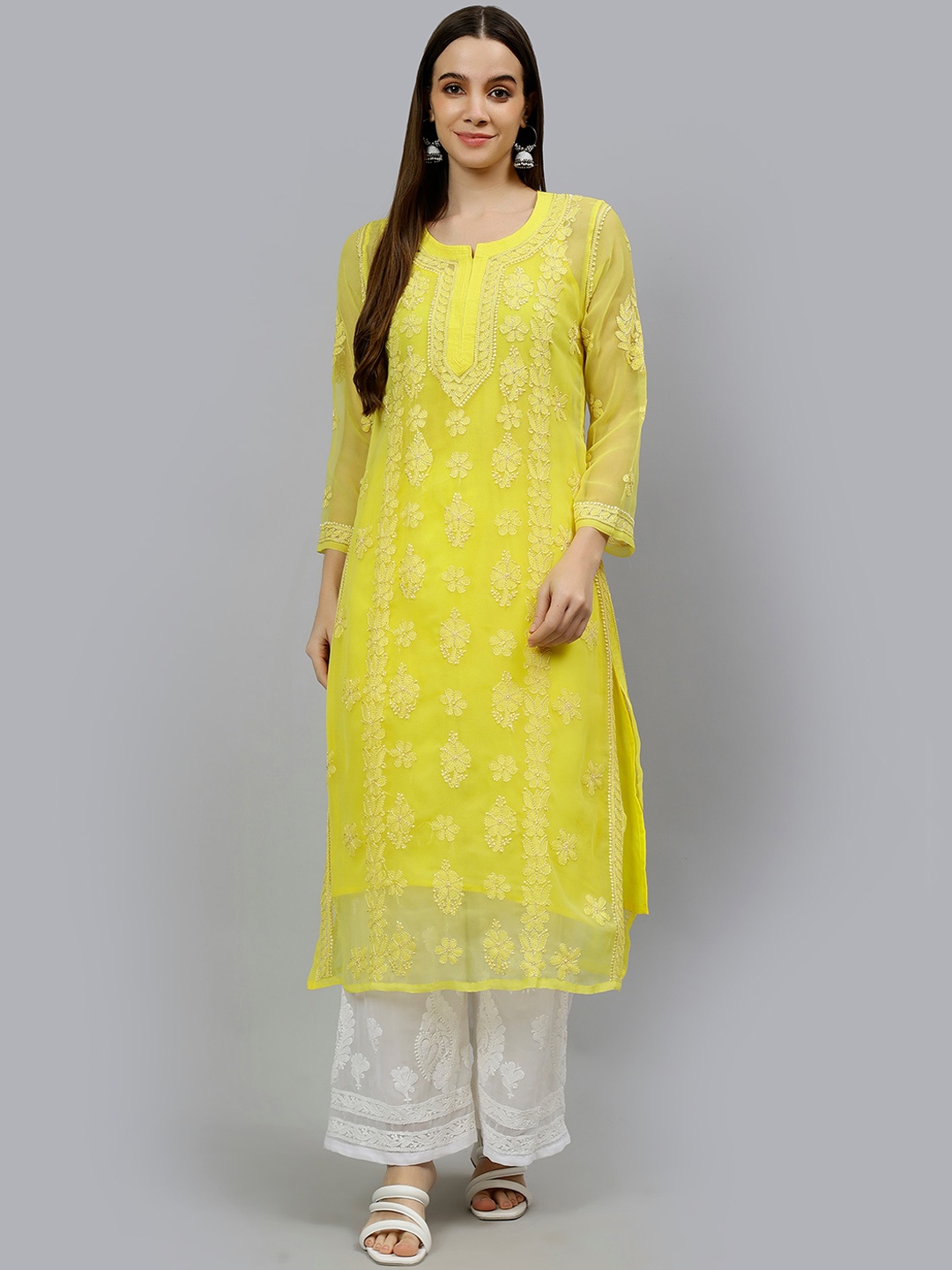 

Seva Chikan Ethnic Motifs Embroidered Notched Neck Chikankari Georgette Straight Kurta, Yellow